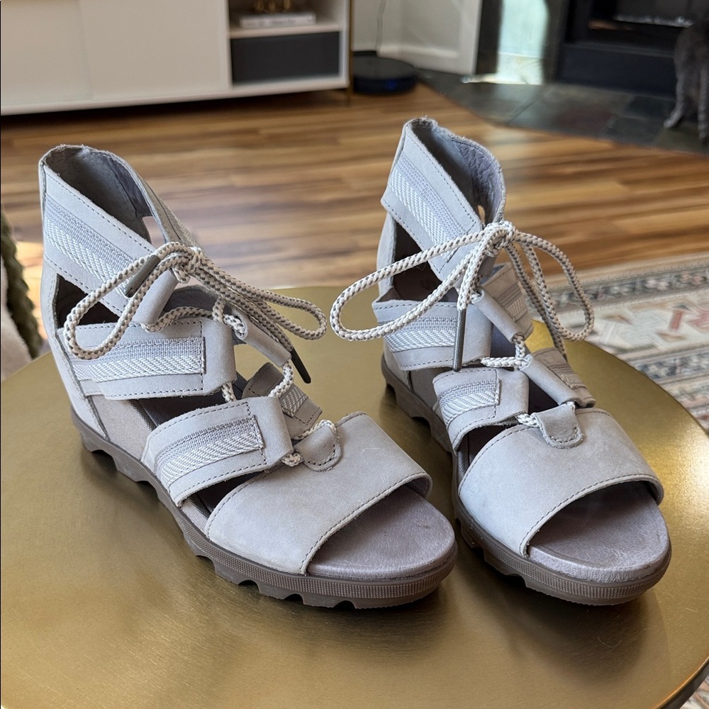 Sorel Light Taupe Suede Lace-Up Wedge Sandals